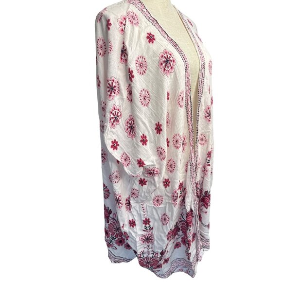Angie M White & Pink Floral Kimono Cardigan Lightweight Open Front Medium - Picture 3 of 6